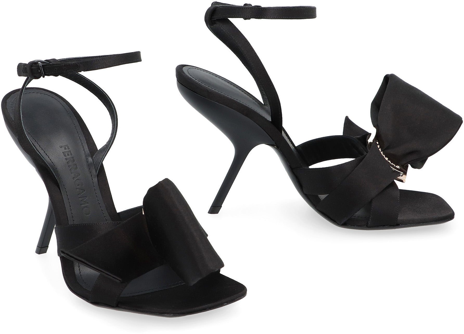 Shop Ferragamo Black Satin Sandals With Front Bow And Adjustable Ankle Strap