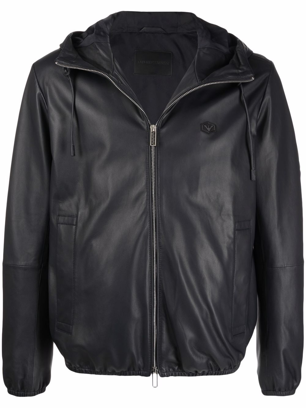 Shop Emporio Armani Navy Blue Hooded Leather Blouson Jacket For Men By
