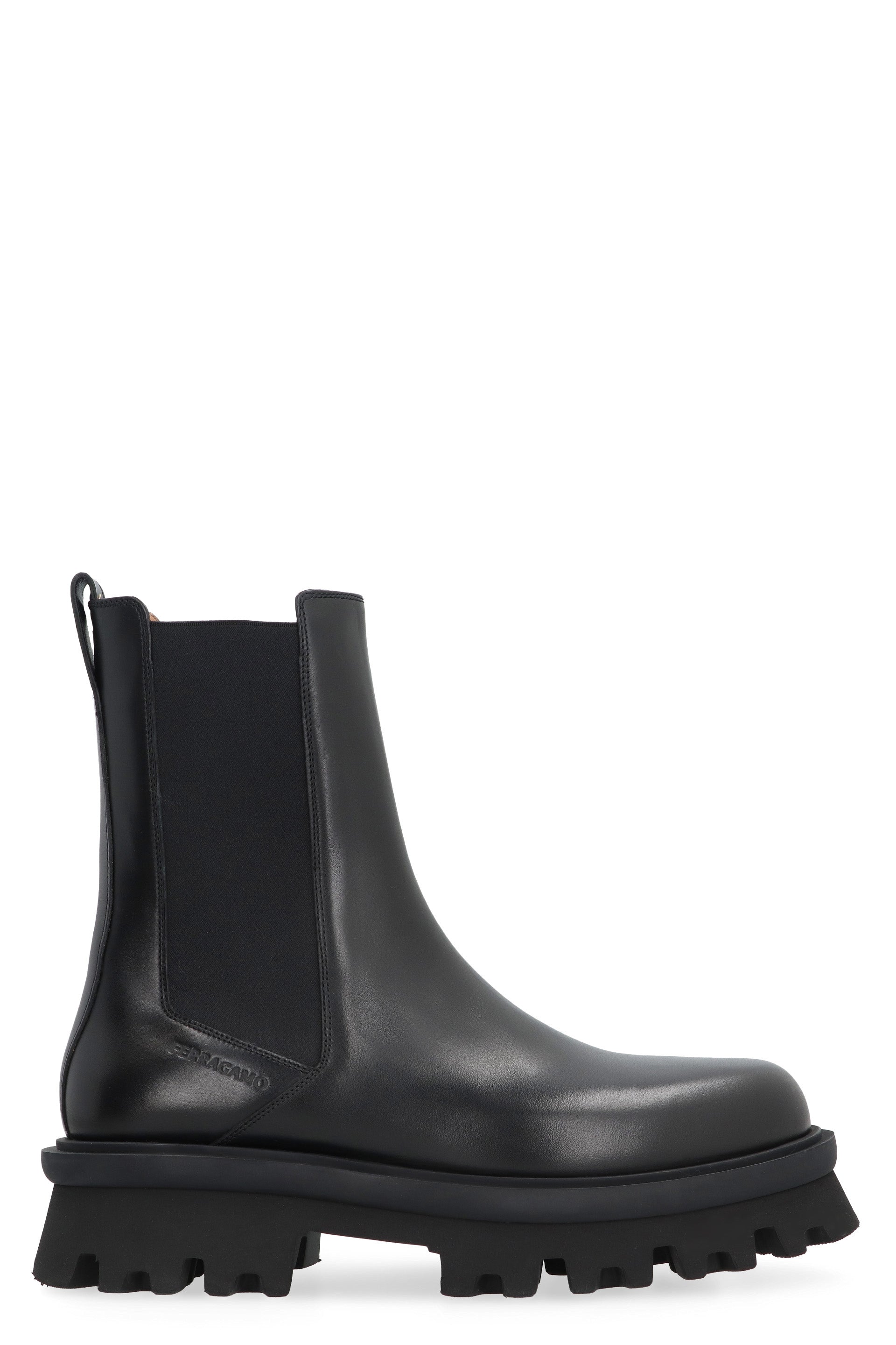 Ferragamo Black Leather Chelsea Boots For Men With Lug Sole And Elastic Inserts