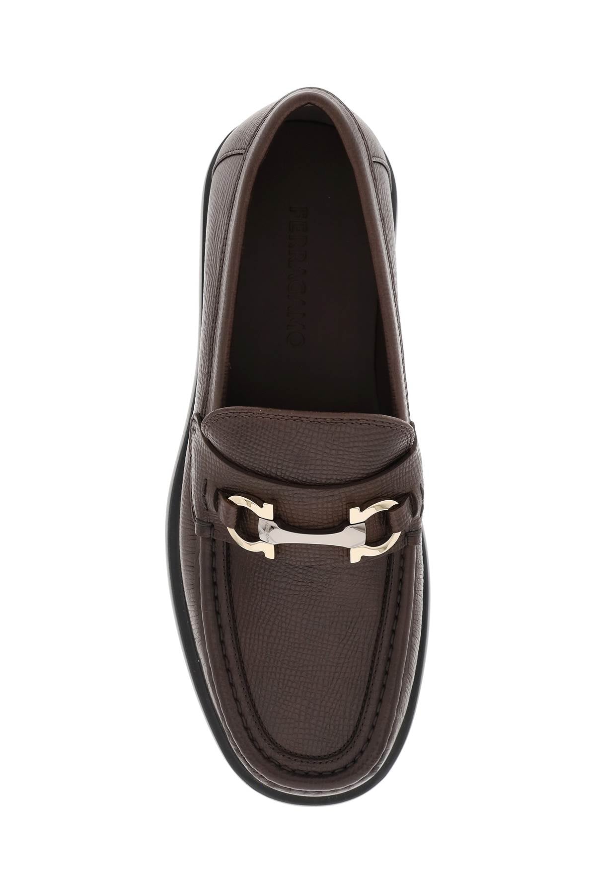 Shop Ferragamo Embossed Leather Loafers With Gancini Hook For Men In Brown