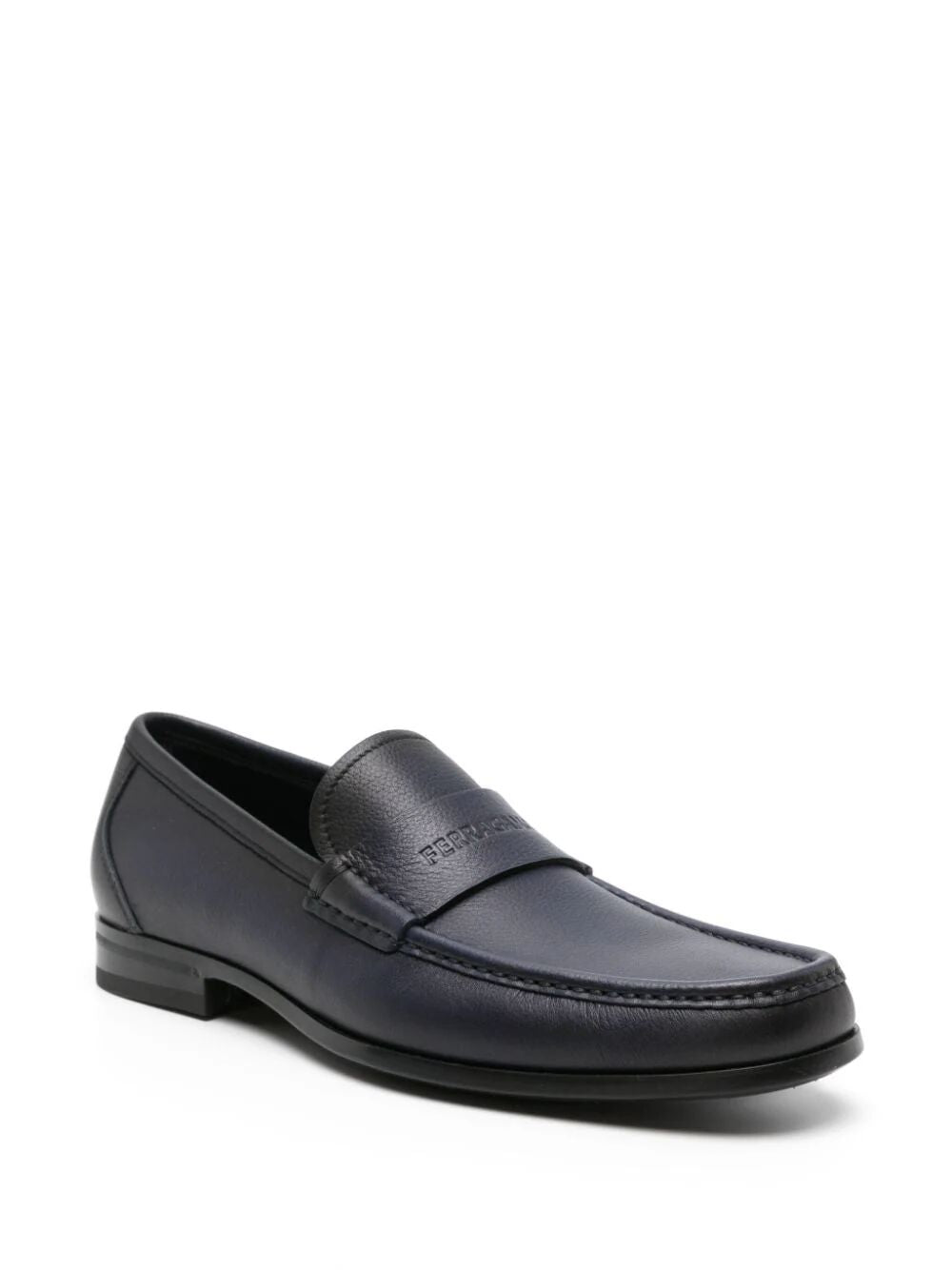 Shop Ferragamo Blue Debossed Leather Loafers For Men In Navy