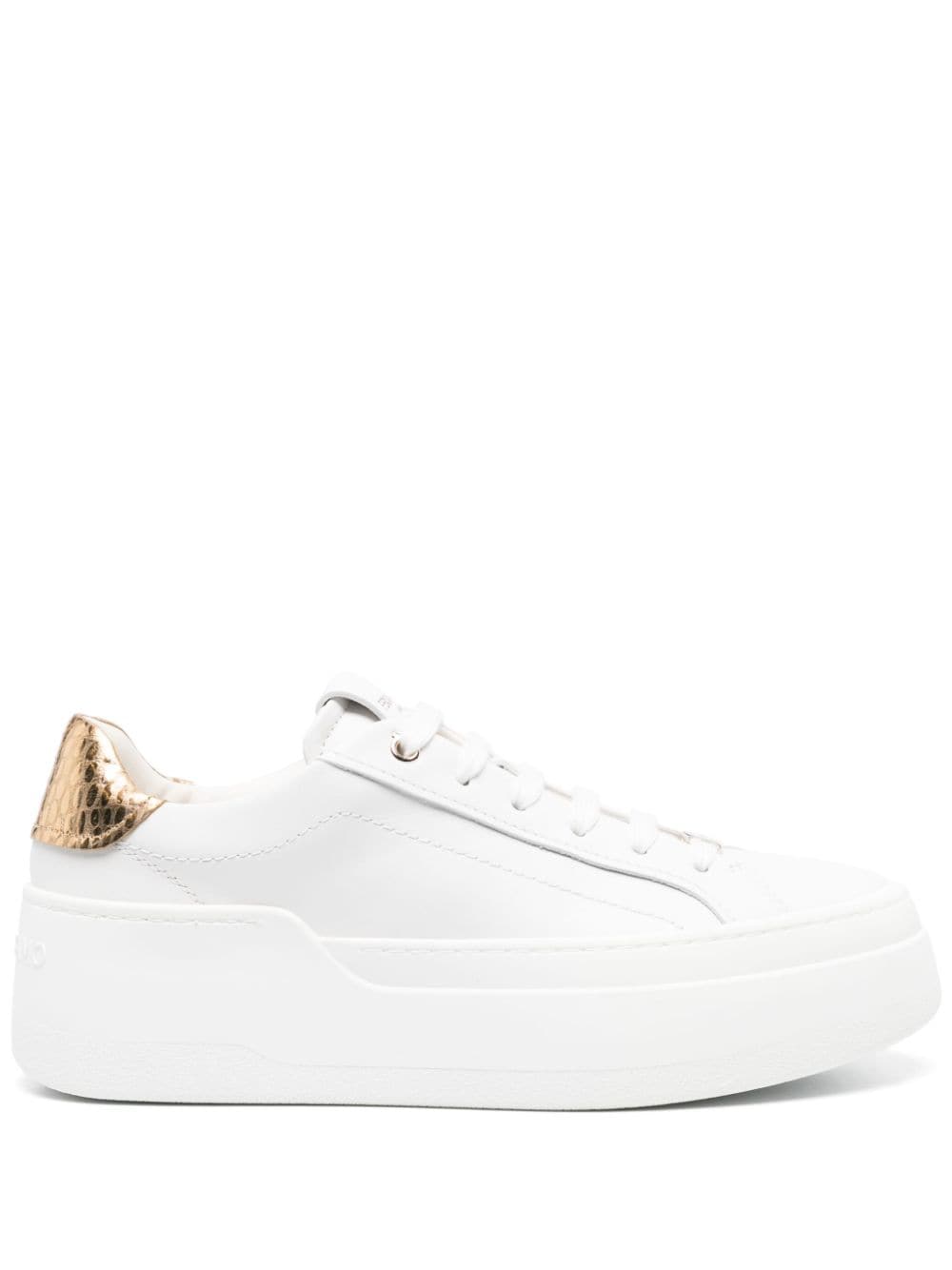 Ferragamo White Leather Platform Sneaker With Gold Accents
