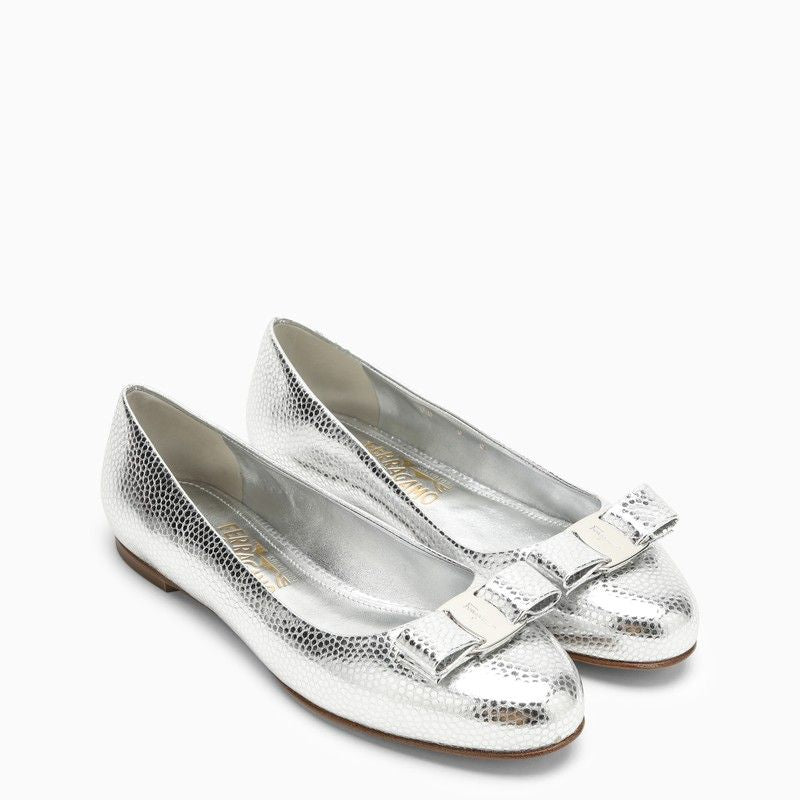 Shop Ferragamo Silver Leather Ballerina With Round Toe And Decorative Bow For Women