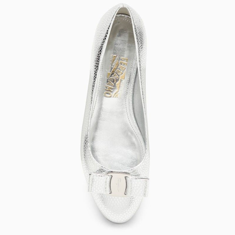 Shop Ferragamo Silver Leather Ballerina With Round Toe And Decorative Bow For Women