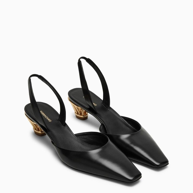 Shop Ferragamo Black Leather Slingback With Golden Cage Heel For Women