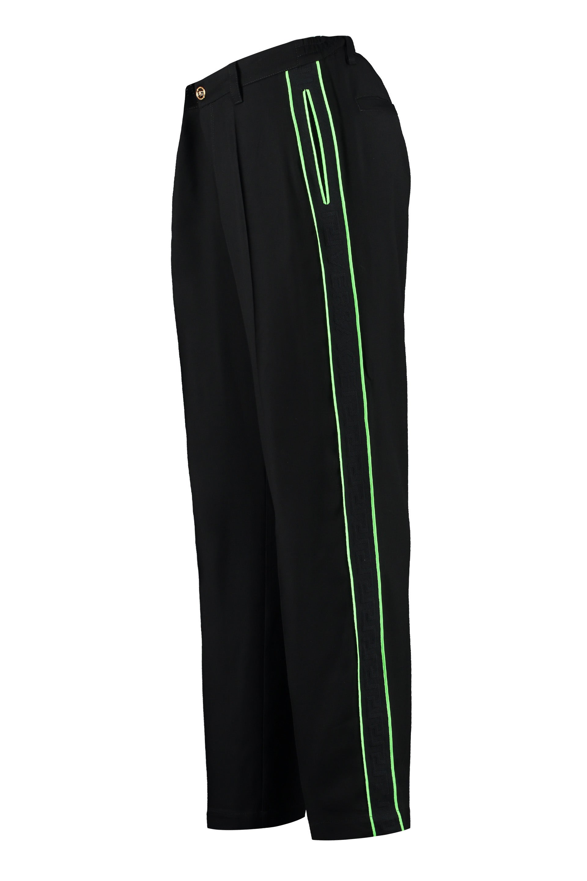 Shop Versace Men's Black Track Pants With  Logoed Side Stripes & Welt Pockets