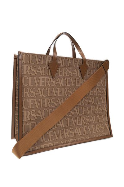 Shop Versace Men's Beige Canvas And Leather Shopping Handbag For Fw24