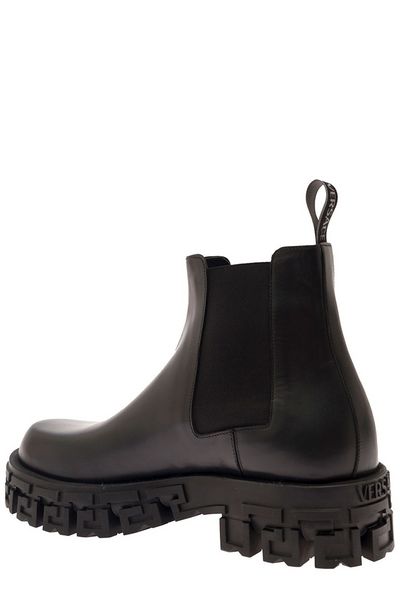 Shop Versace Greek Portico Leather Chelsea Boots For Men In Black