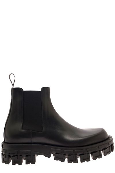 Shop Versace Greek Portico Leather Chelsea Boots For Men In Black