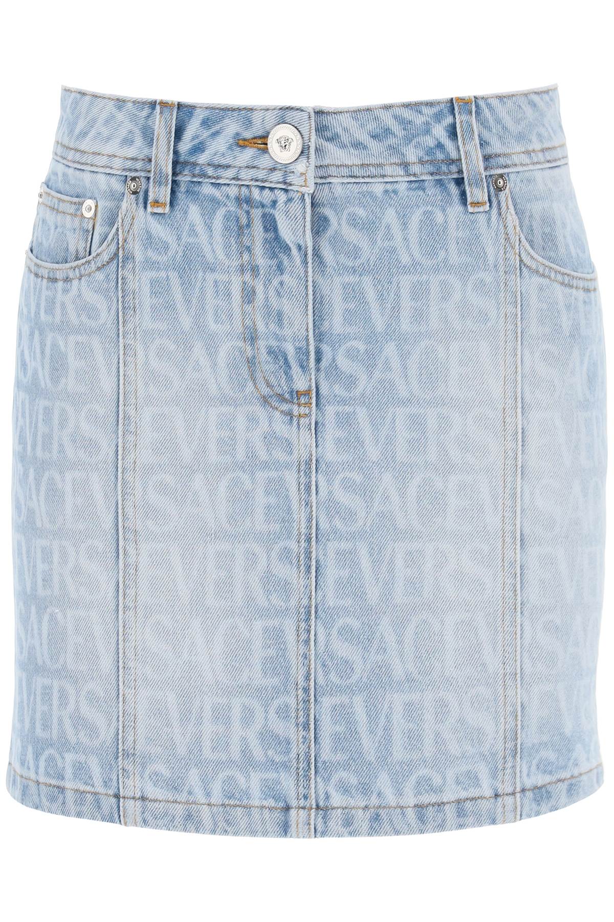 Versace Blue Denim Mini Skirt With  Monogram Print For Women