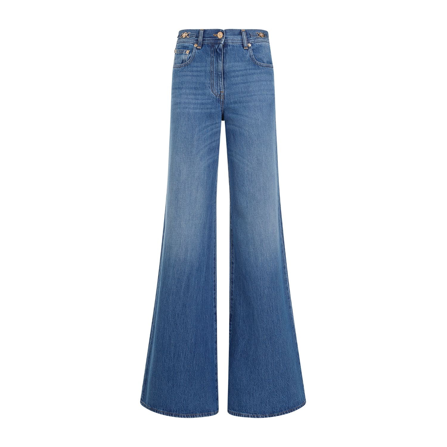 Versace Flared Denim Stone Wash Jeans For Women In Blue