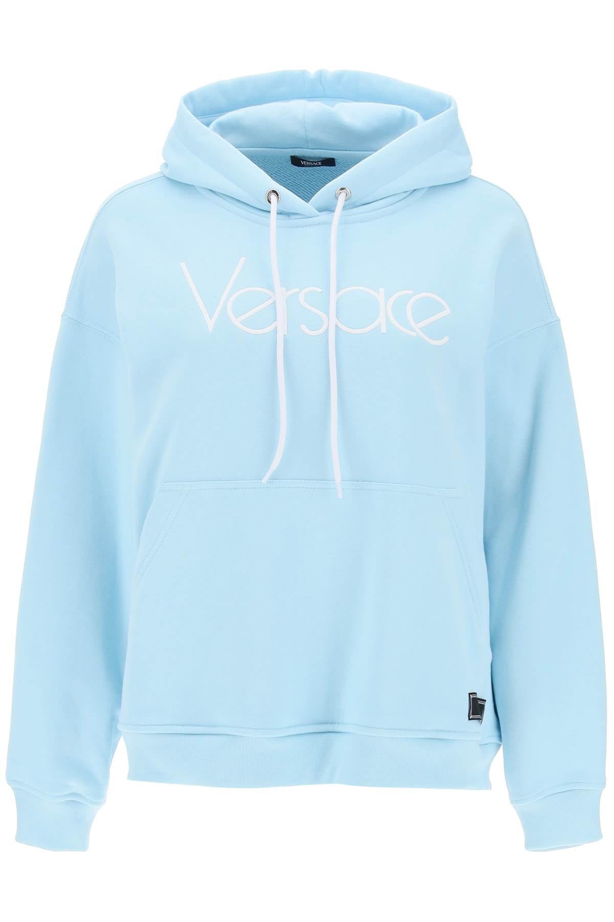 Versace 1978 Re-edition Logo Hooded Sweatshirt In Light Blue For Women