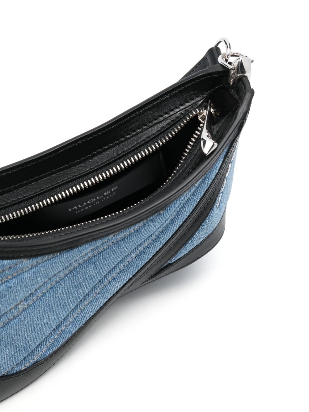 Shop Mugler Small Denim Crossbody Bag With Silver-tone Hardware In Blue