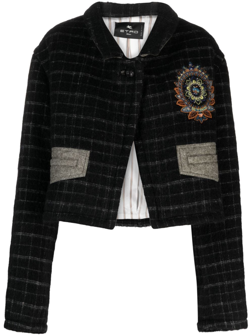 Shop Etro Floral Embroidered Cropped Jacket In Black Wool Blend For Women