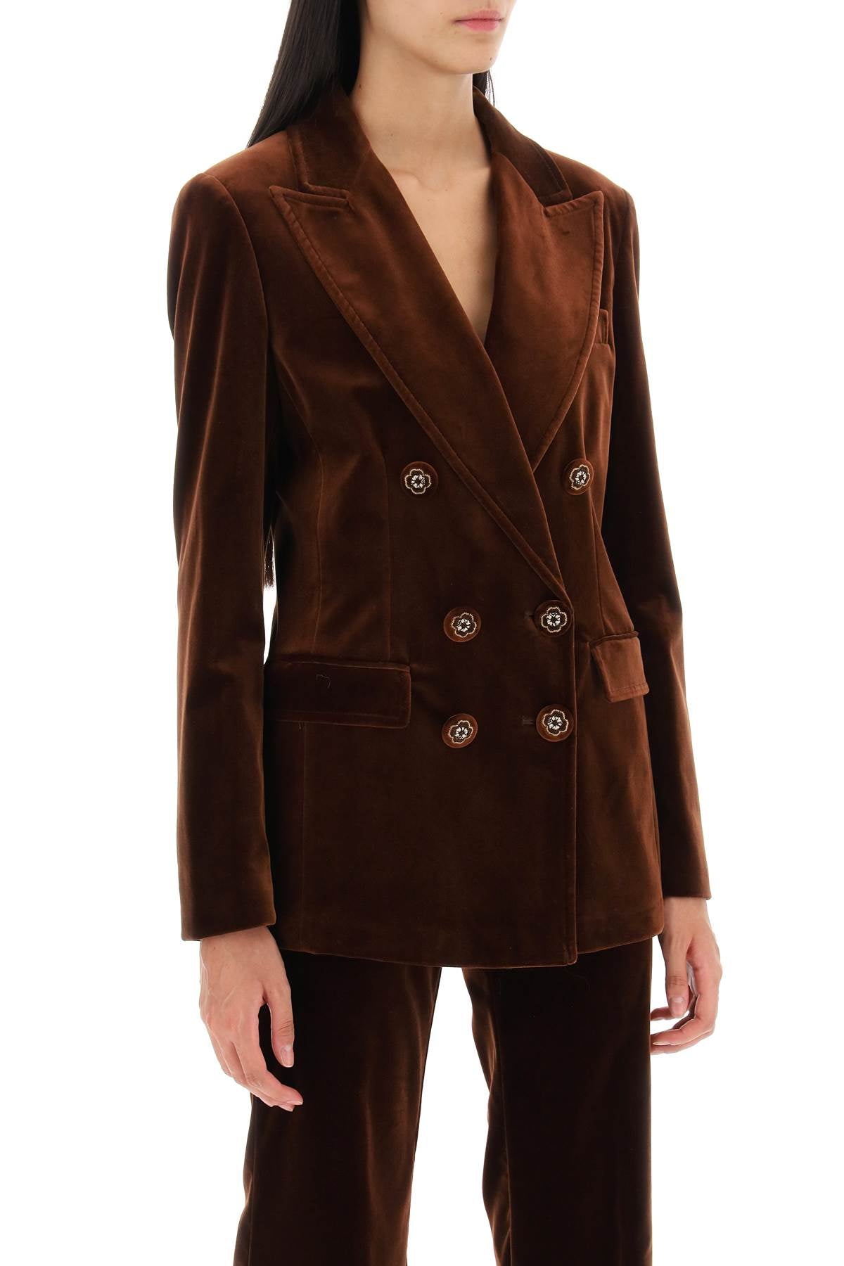 Shop Etro Women's Brown Velvet Jacket With Floral Embroidered Buttons And Deconstructed Design