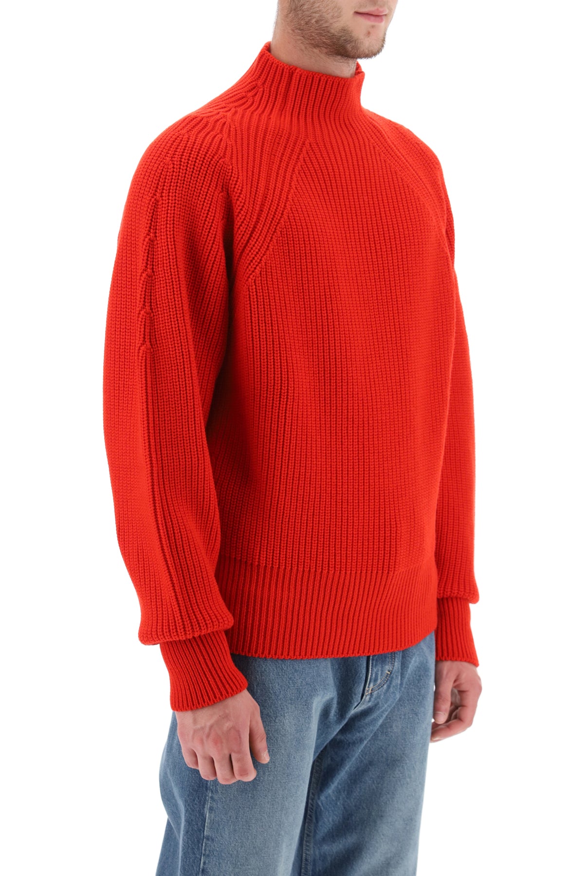 Shop Ferragamo Men's Funnel-neck Ribbed Wool Sweater In Red For Fw23 Collection