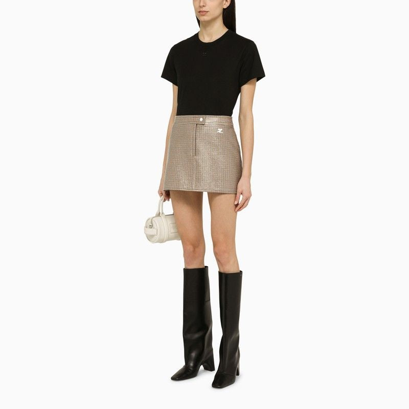 Shop Courrèges Brown And Black Checkered Plaid Mini Skirt With Front Zipper And Logo Detail
