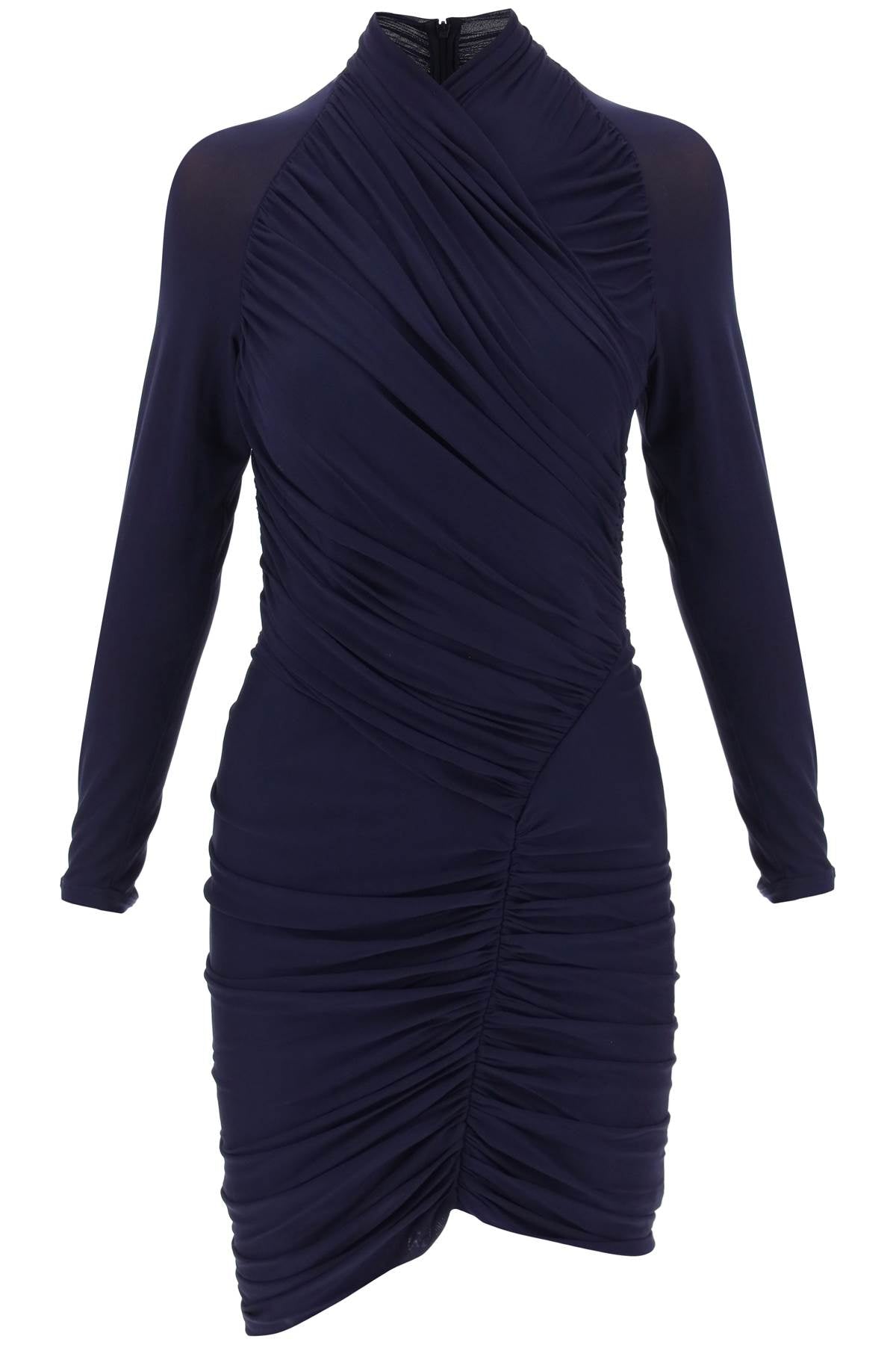 Ferragamo Blue Long-sleeved Draped Mini Dress For Women In Burgundy