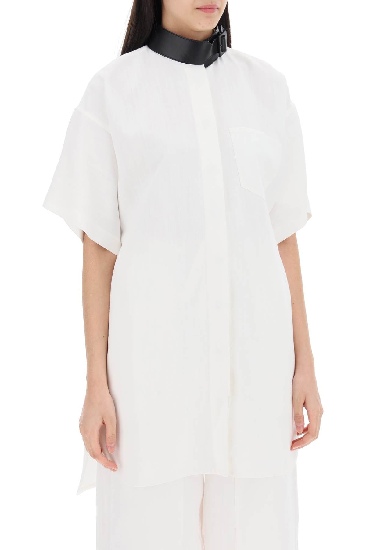 Shop Ferragamo White Midi Chemisier Dress With Faux Leather Strap And Buckle