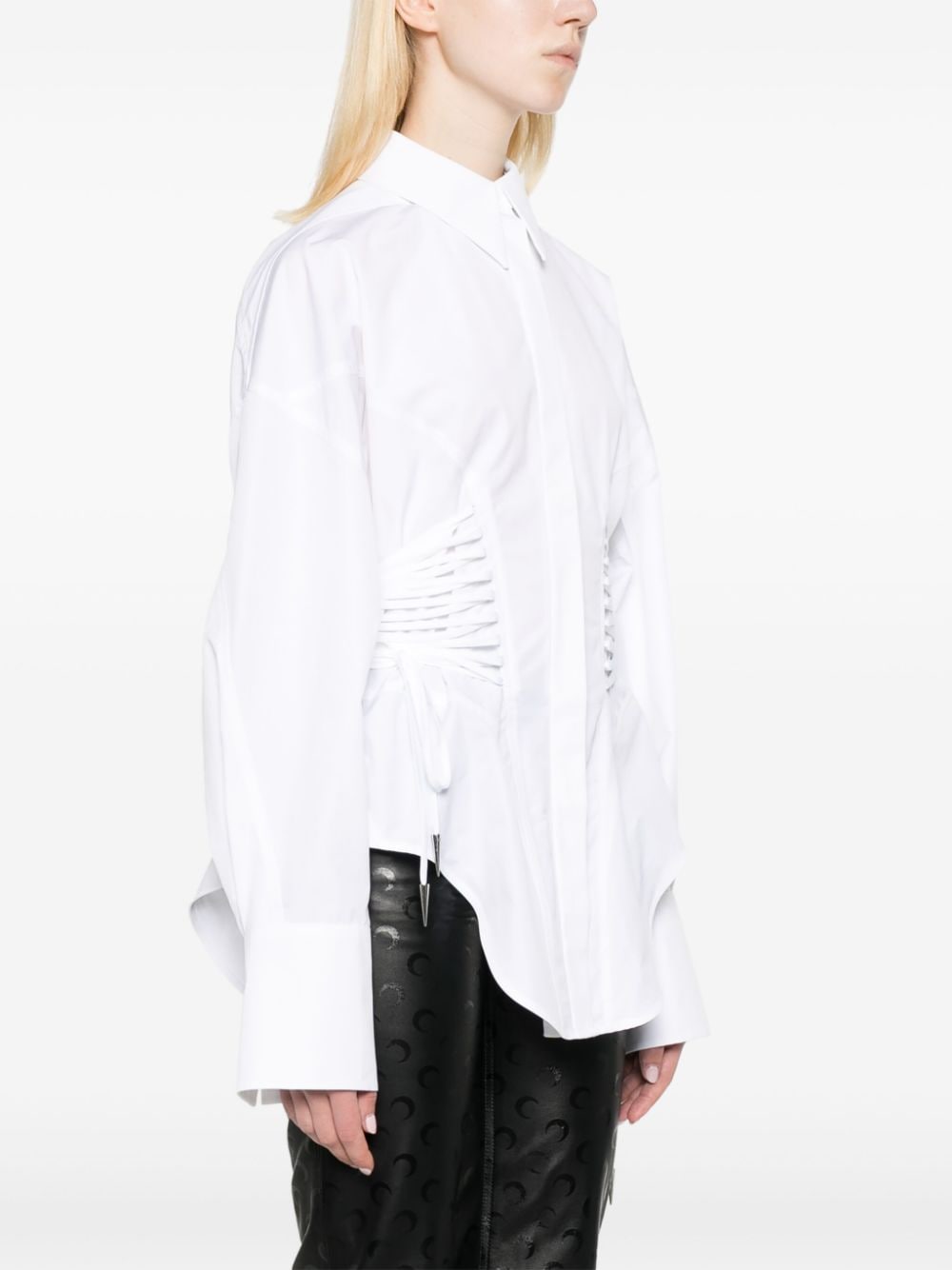 Shop Mugler White Cotton Pointed Flat Collar Lace-up Shirt With Long Sleeves