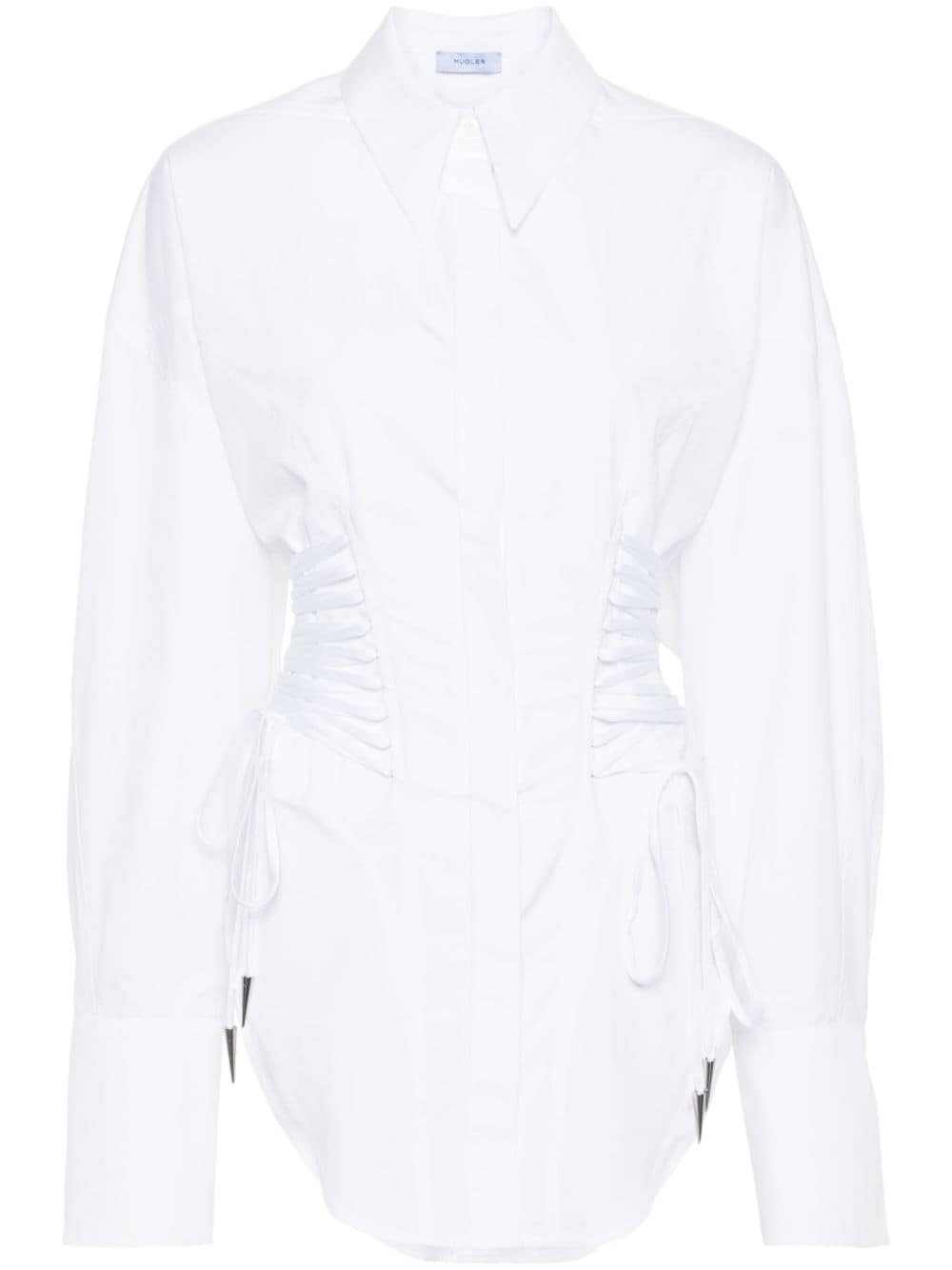 Mugler White Cotton Pointed Flat Collar Lace-up Shirt With Long Sleeves
