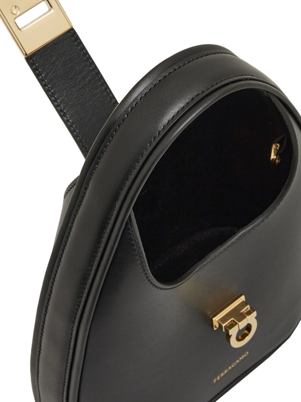 Shop Ferragamo Jet Black Gancini Hook Leather Hobo Handbag