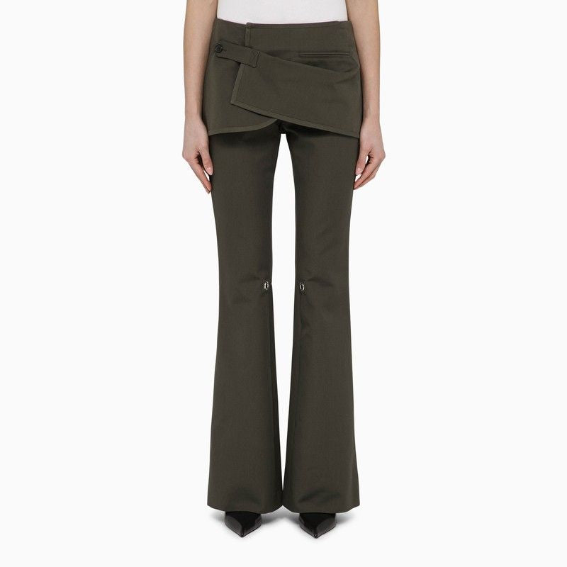 Shop Courrèges Military Green Cotton Flared Trousers With Integrated Mini Skirt