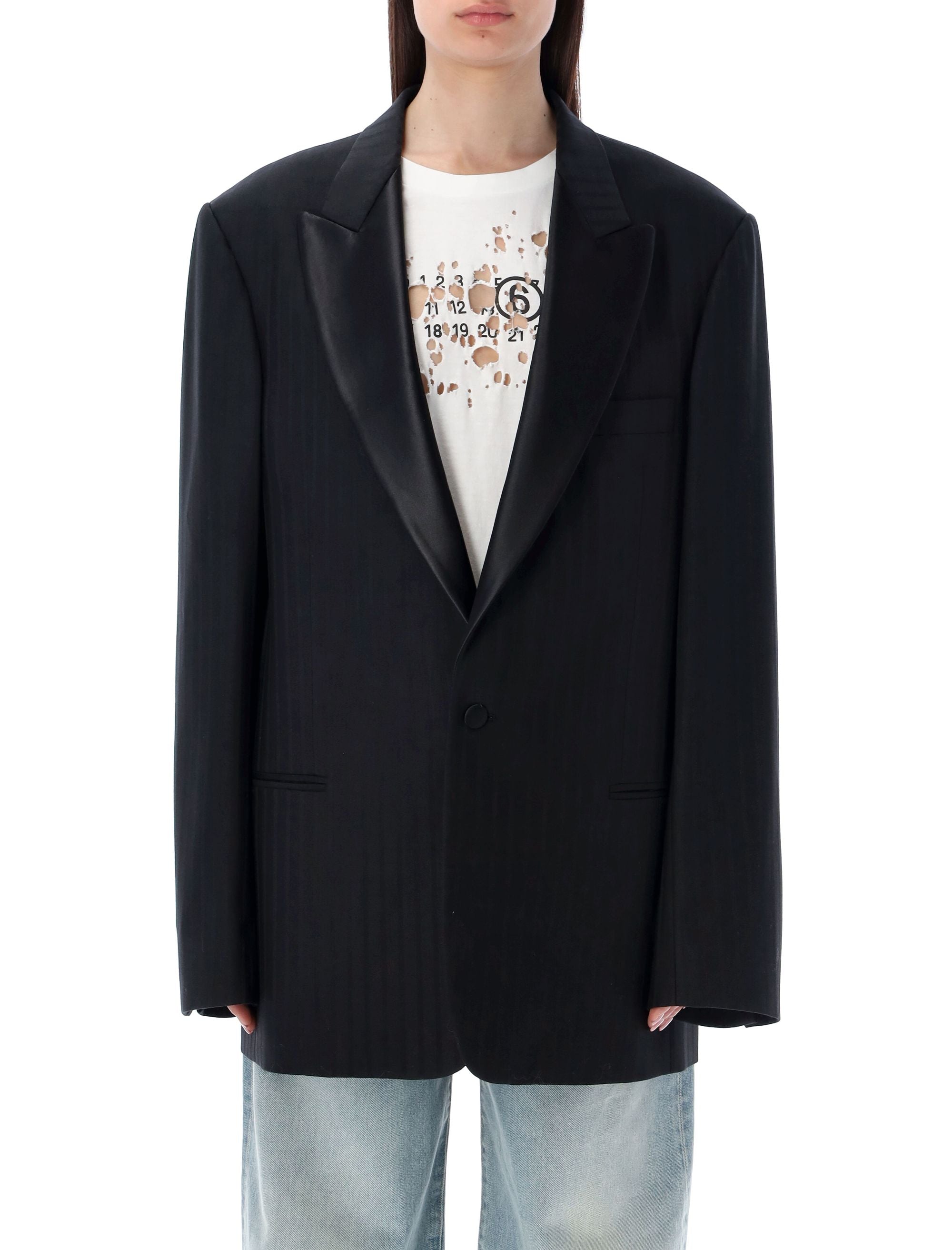 Maison Margiela Black Wool Blazer For Women With Tonal Striped Pattern And Oversized Fit