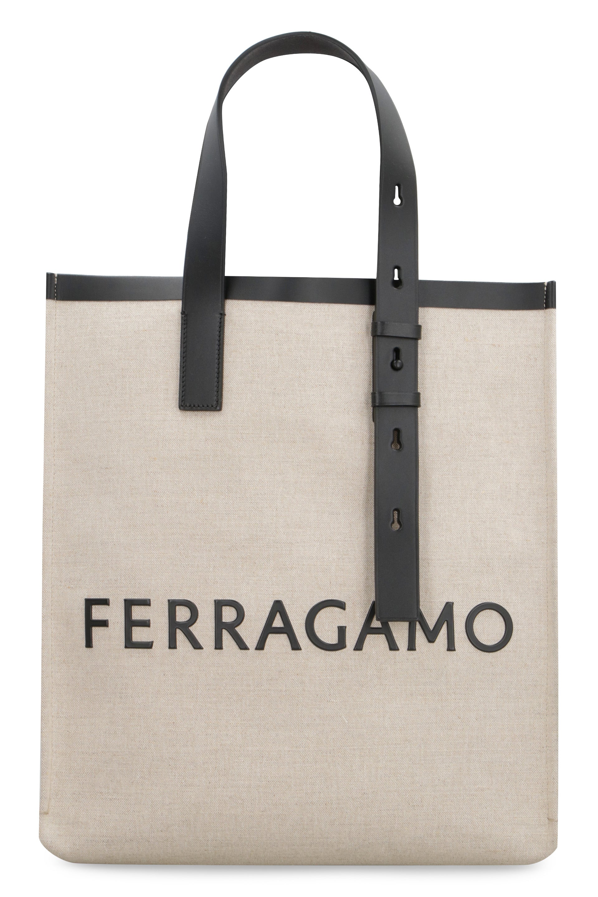 Shop Ferragamo Men's Canvas Tote Handbag With Leather Details And Adjustable Handles In Ecru