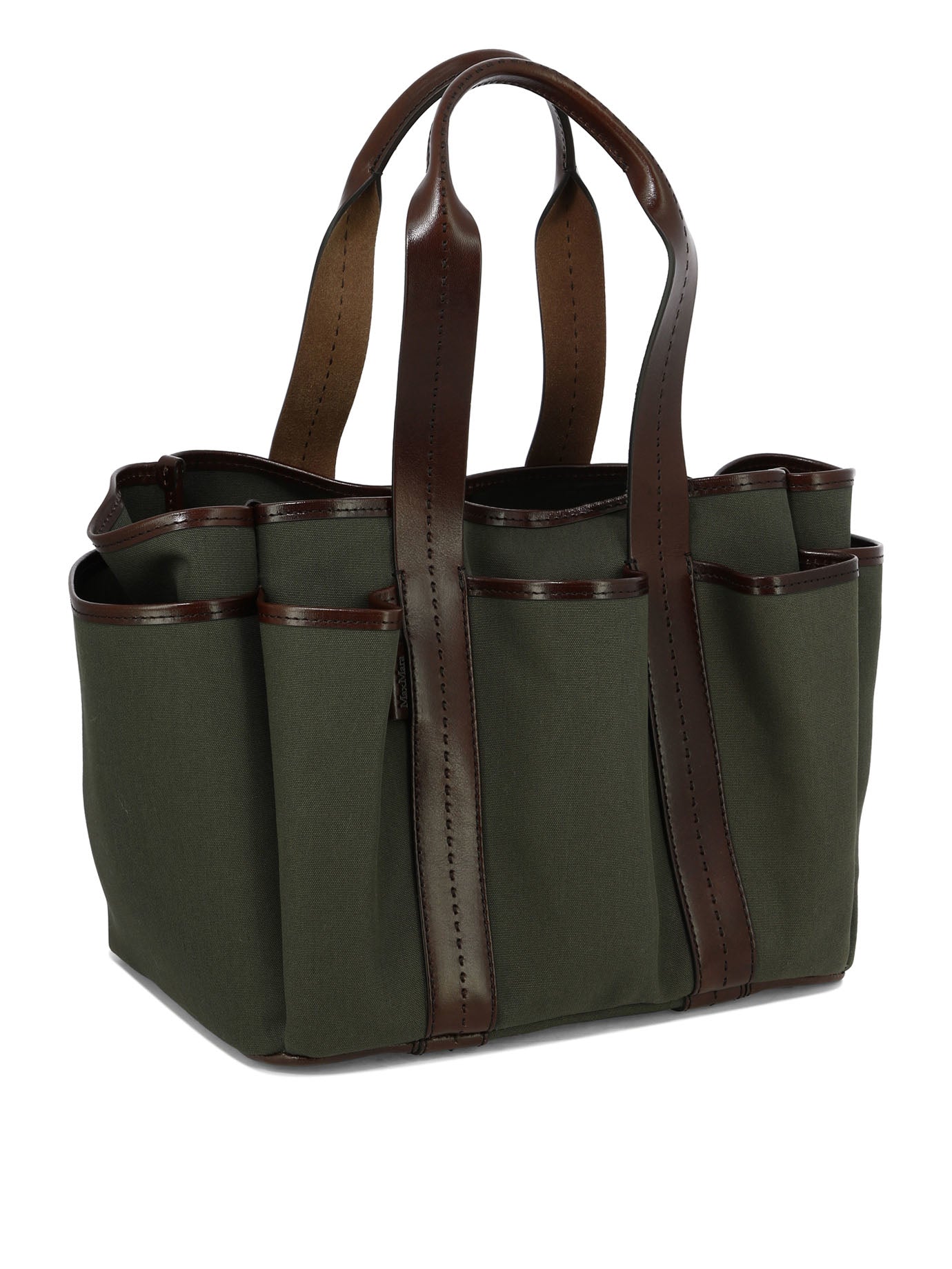 Shop Max Mara Green Canvas And Leather Tote Handbag For Women