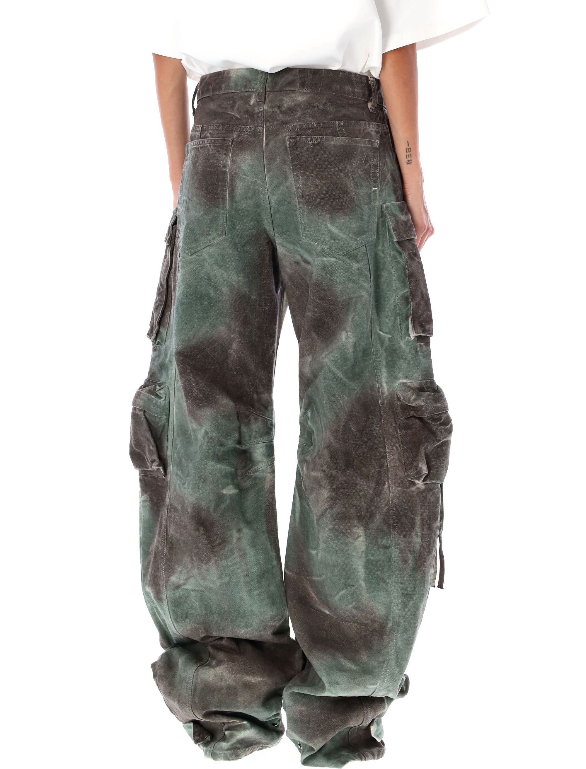 Shop Attico Stained Green Camouflage Denim Pants With Multiple Cargo Pockets For Women