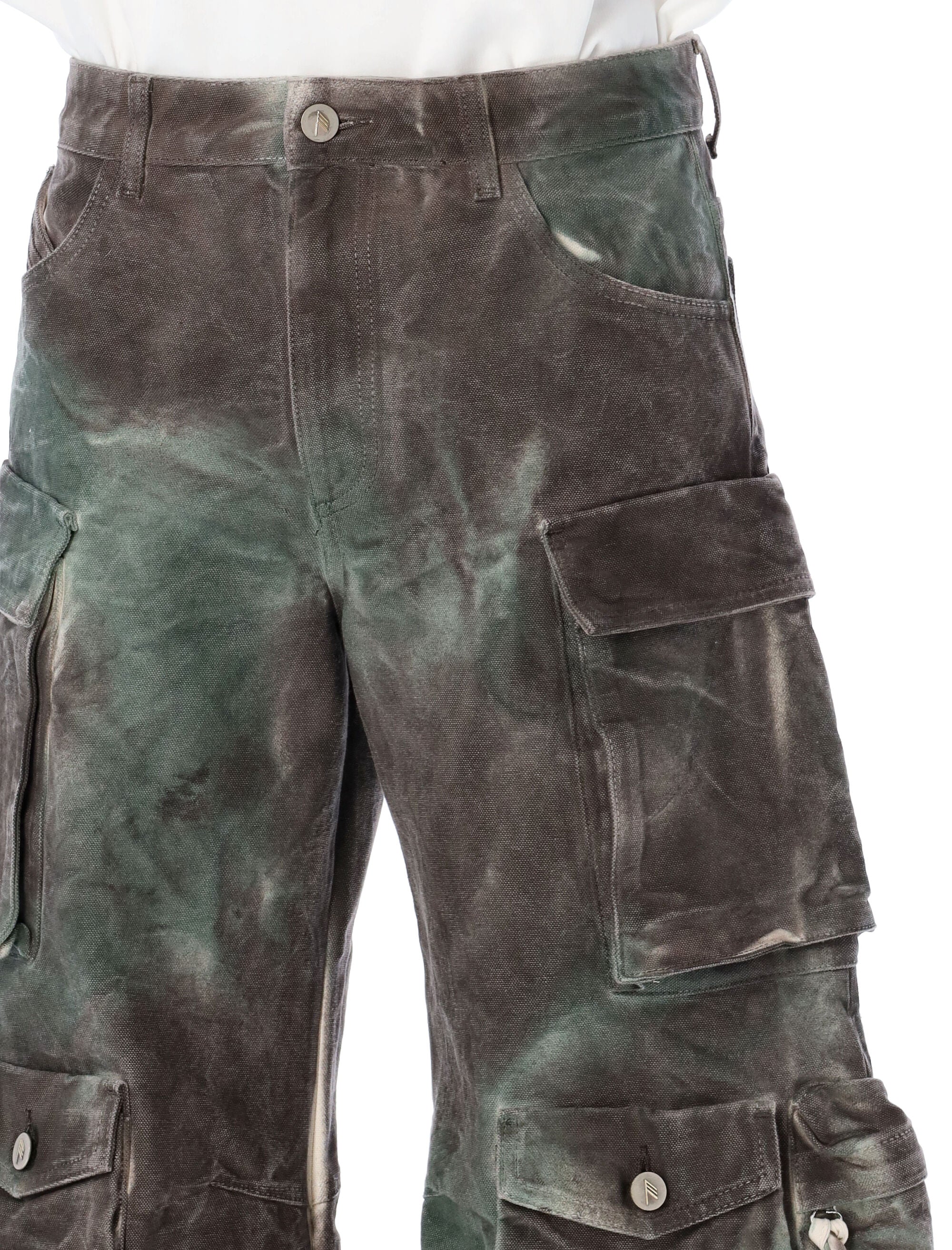 Shop Attico Stained Green Camouflage Denim Pants With Multiple Cargo Pockets For Women