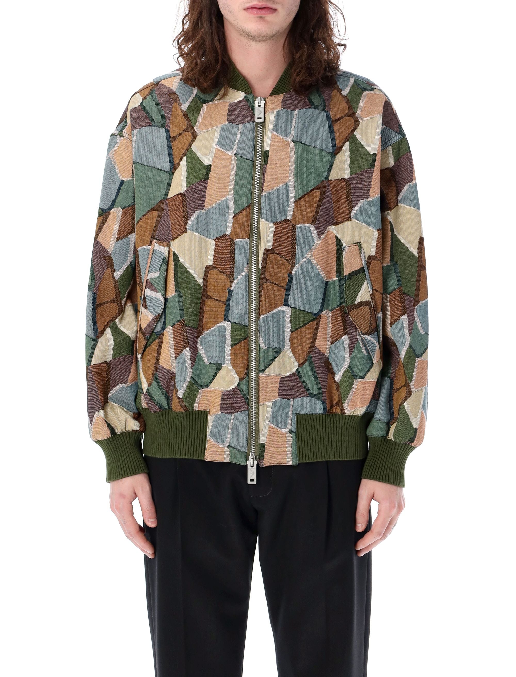 Shop Emporio Armani Multicolor Cotton Blend Jacquard Bomber Jacket For Men