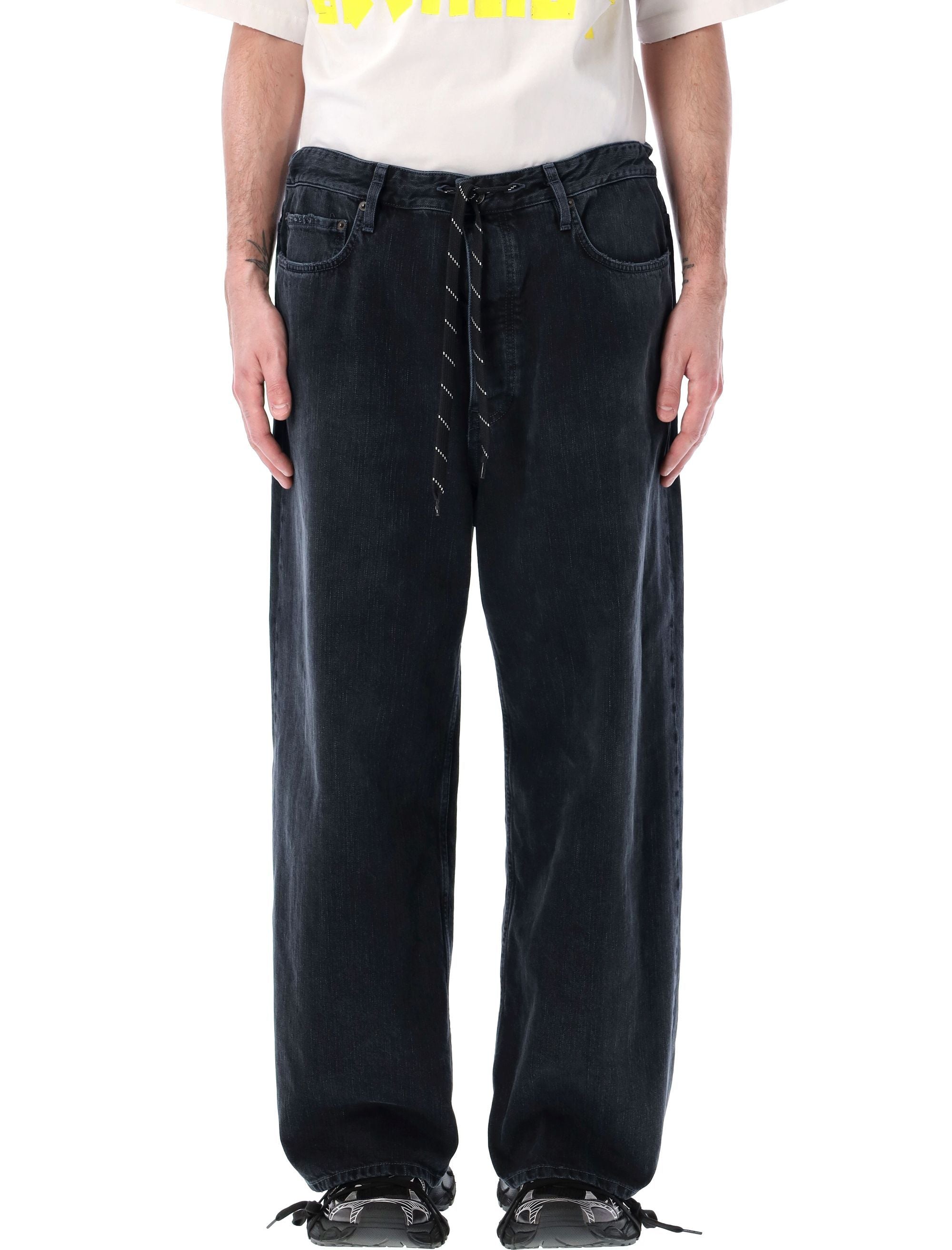 Balenciaga Men's Distressed Black Wide-leg Jeans With Drawstring Waist And Frayed Hem