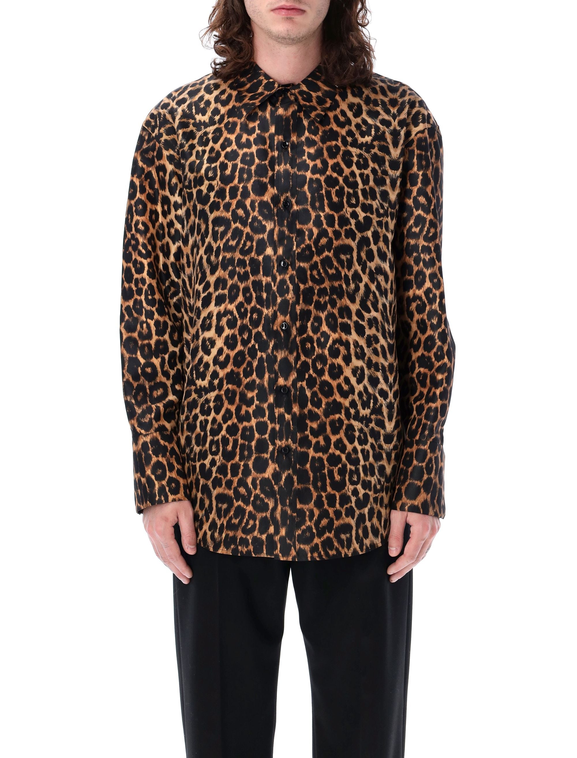 Saint Laurent Shirt In Leopard Silk Taffeta In Teal