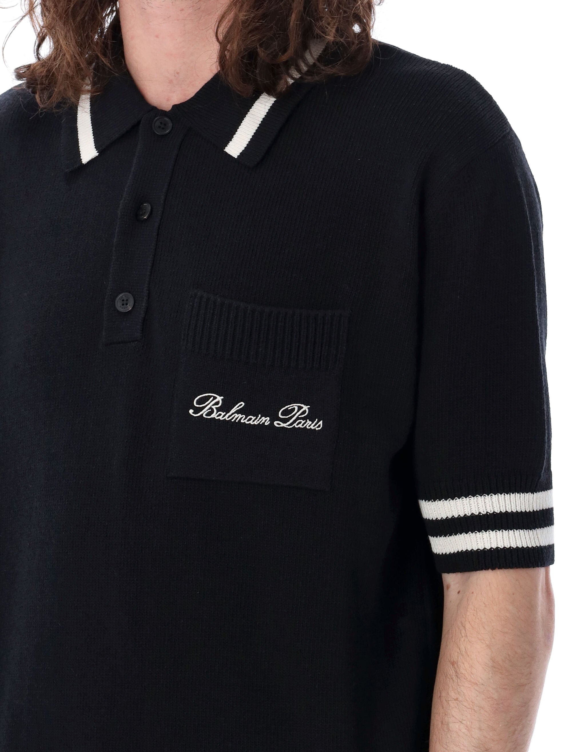 Shop Balmain Black Signature Knit Polo Shirt For Men