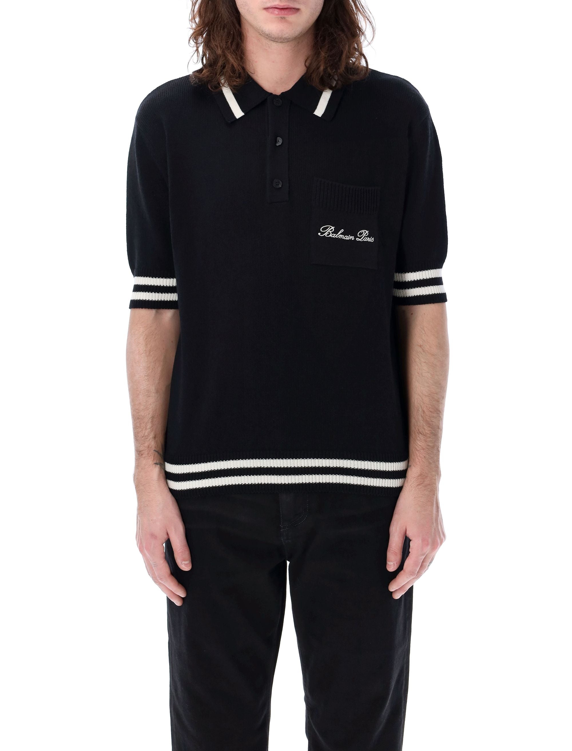 Shop Balmain Black Signature Knit Polo Shirt For Men