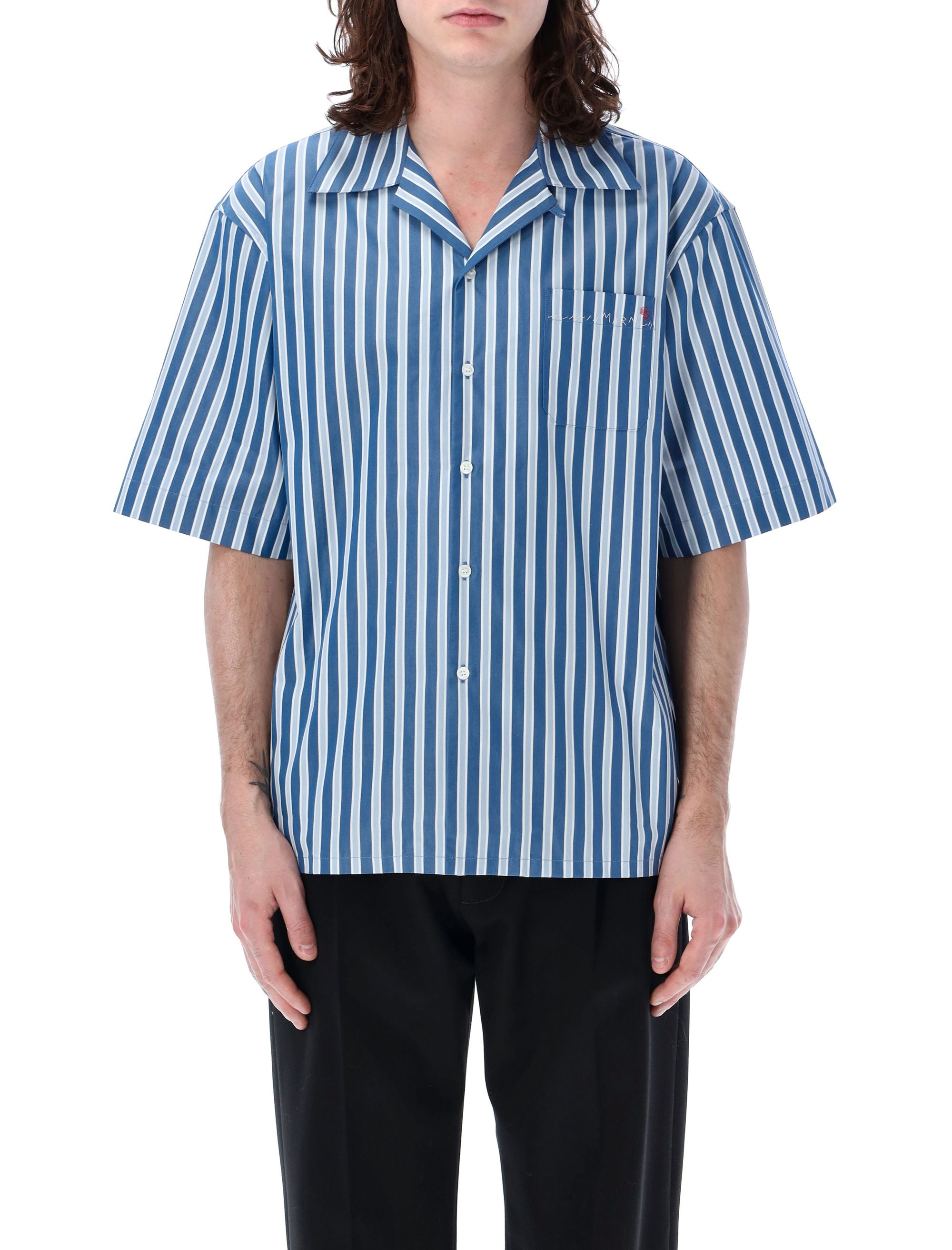 Shop Marni Men's Opal Striped Poplin Bowling Shirt For Ss24 In White