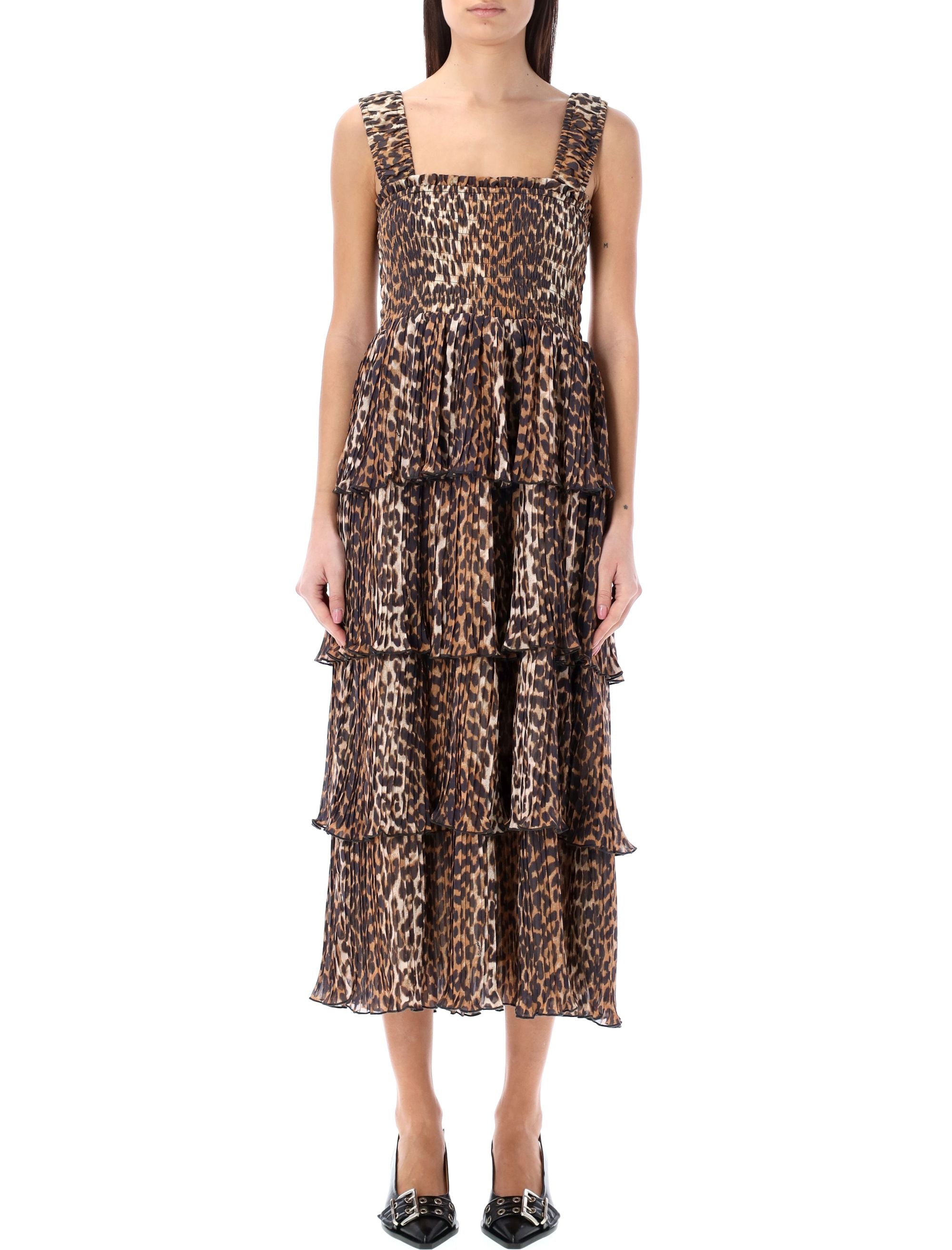 Shop Ganni Leopard Flounce Long Dress In 100% Recycled Polyester For Ss24 In Teal