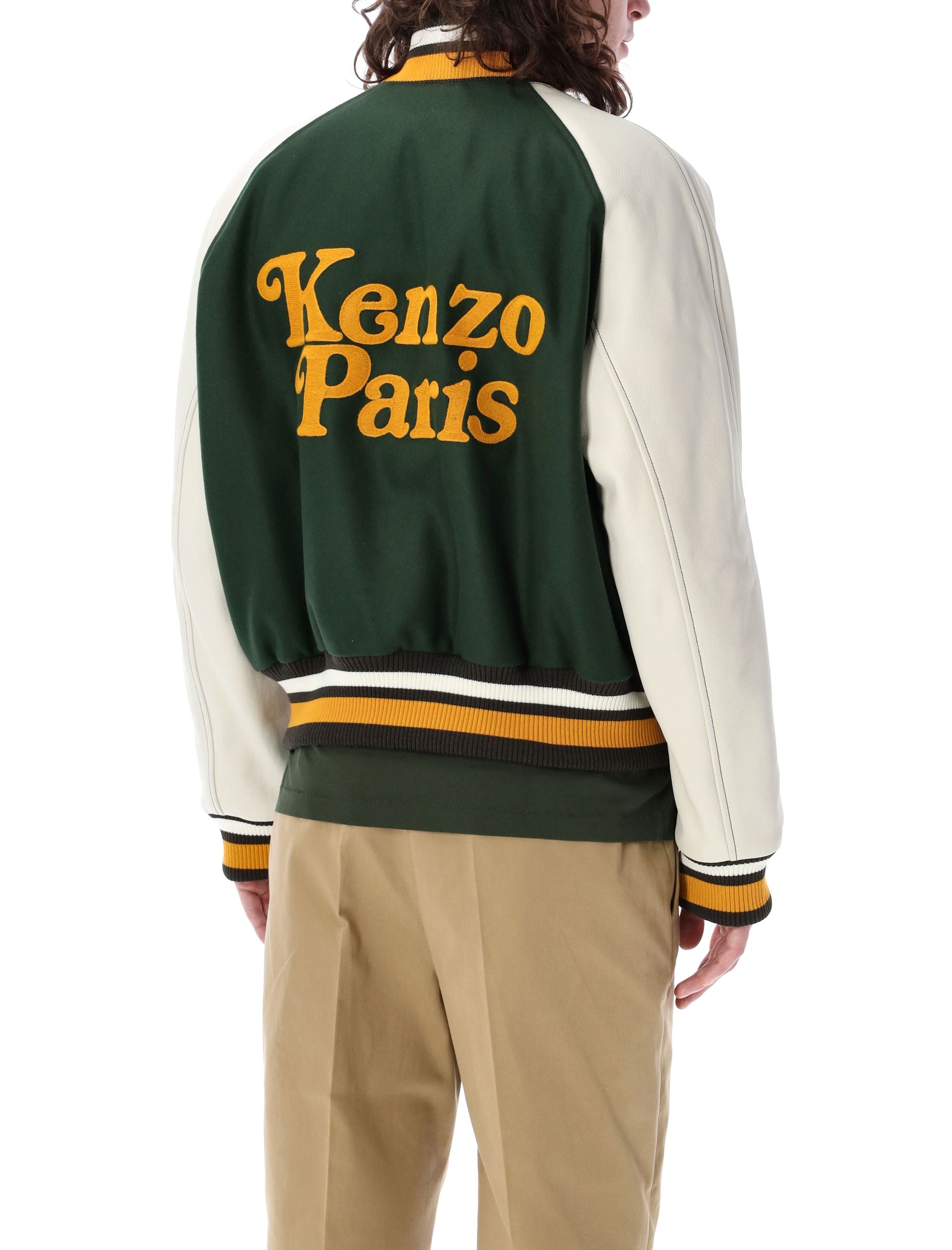 Shop Kenzo Green And White Wool Leather Varsity Jacket For Men In Green_white