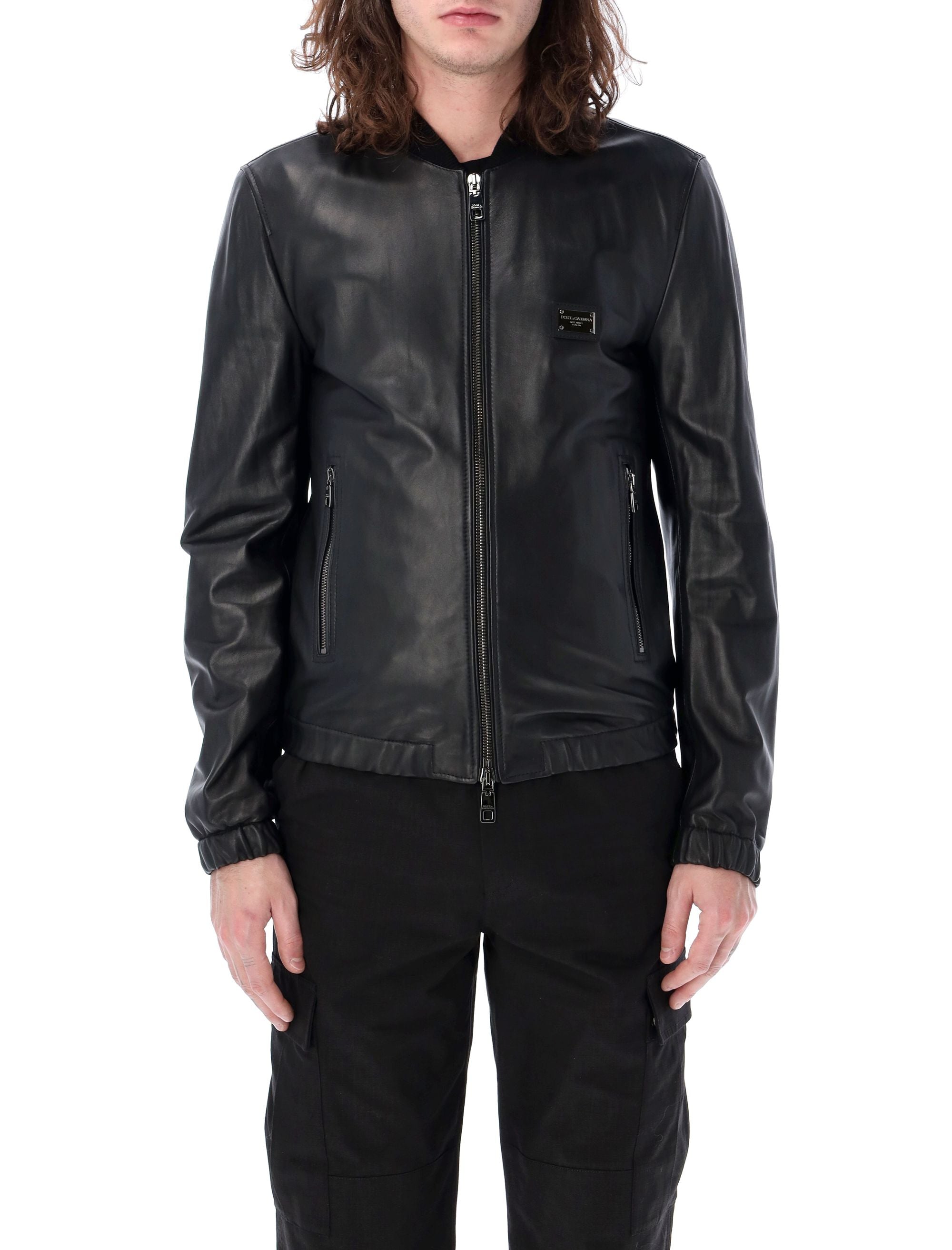 Shop Dolce & Gabbana Men's Black Leather Jacket With Stretch Knit Neckline And Logo Tag