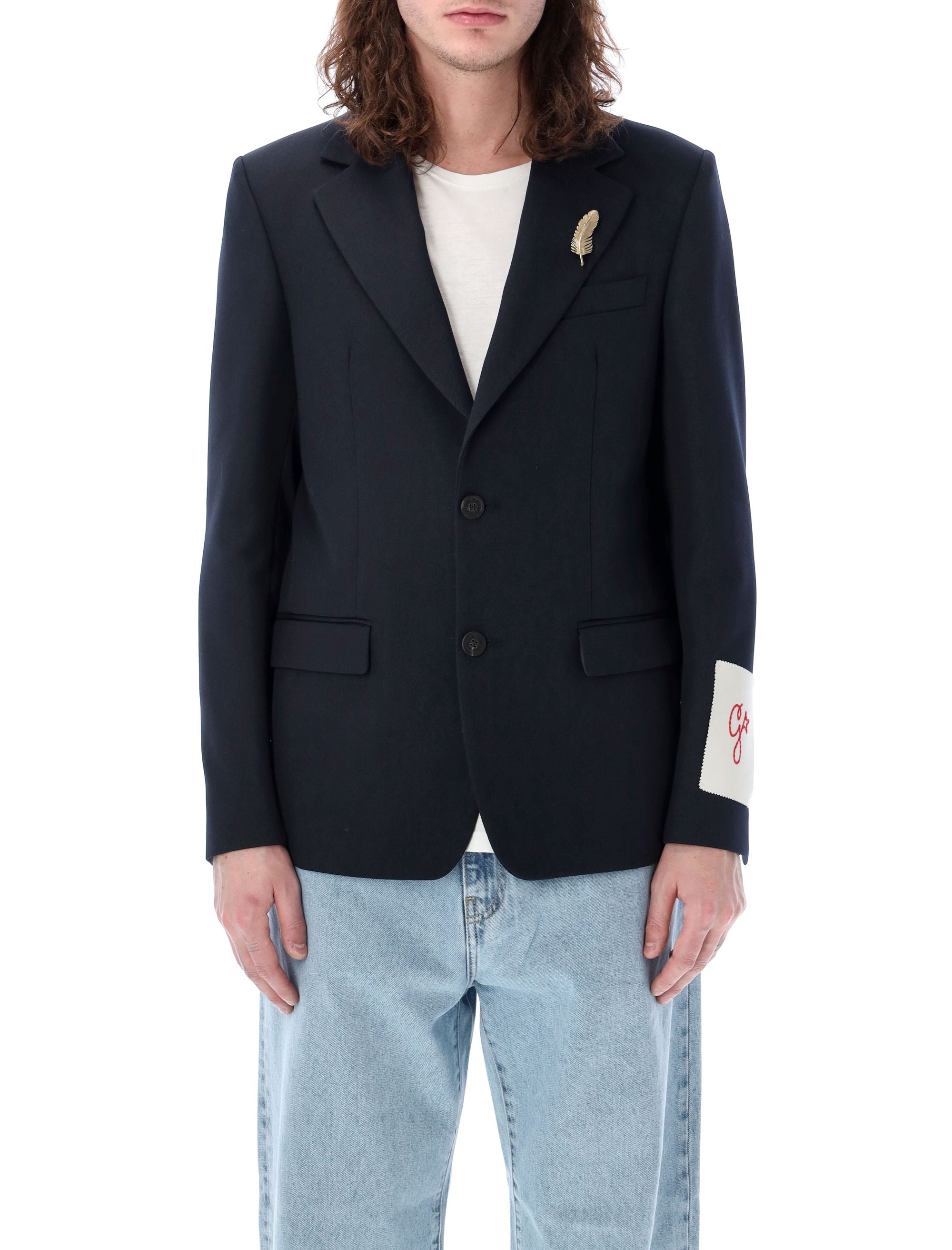 Golden Goose Navy Single Breast Blazer For Men With Golden Feather Pin And G Logo Patch In Blue