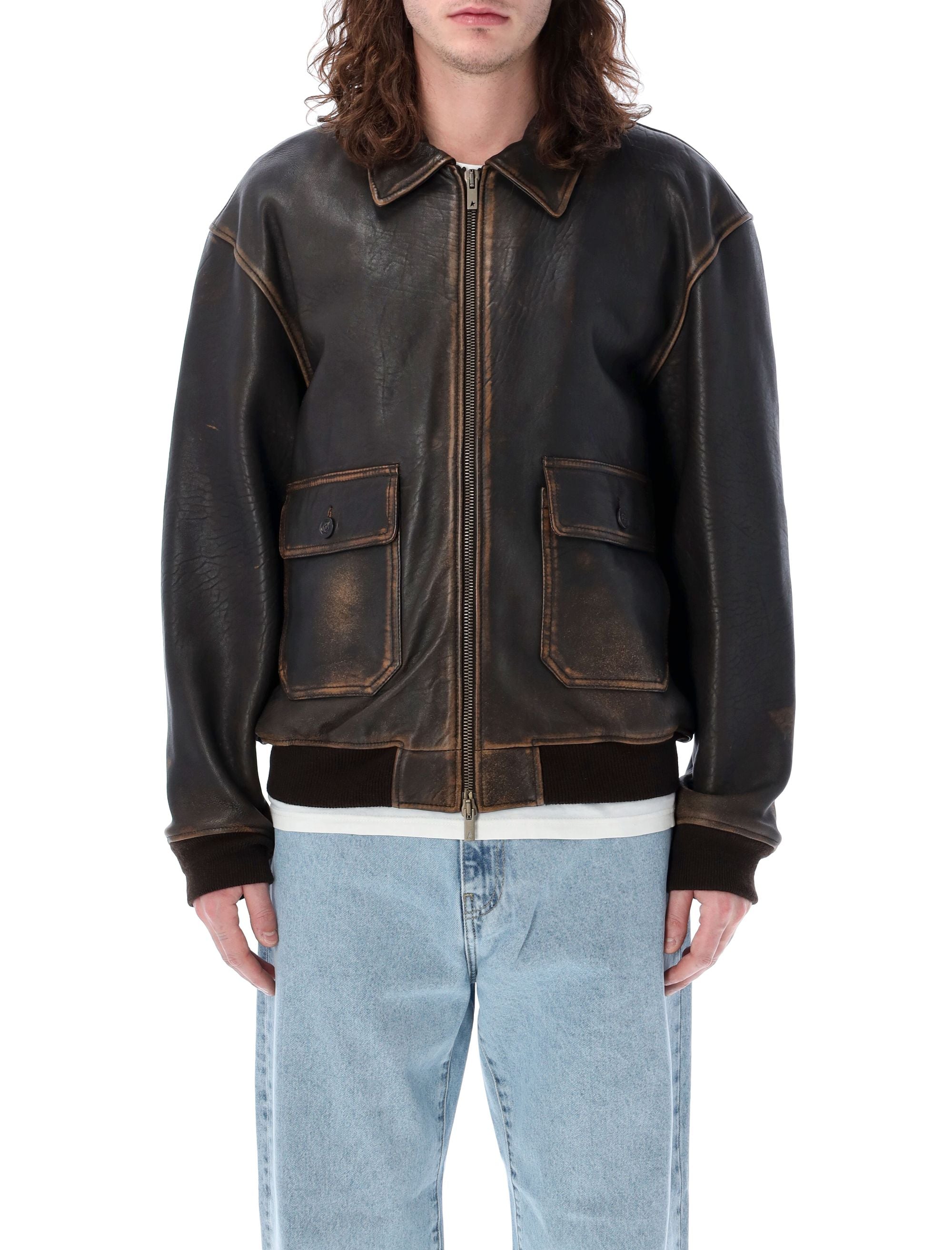 Golden Goose Men's Pointed Collar Bomber Leather Jacket In Brown