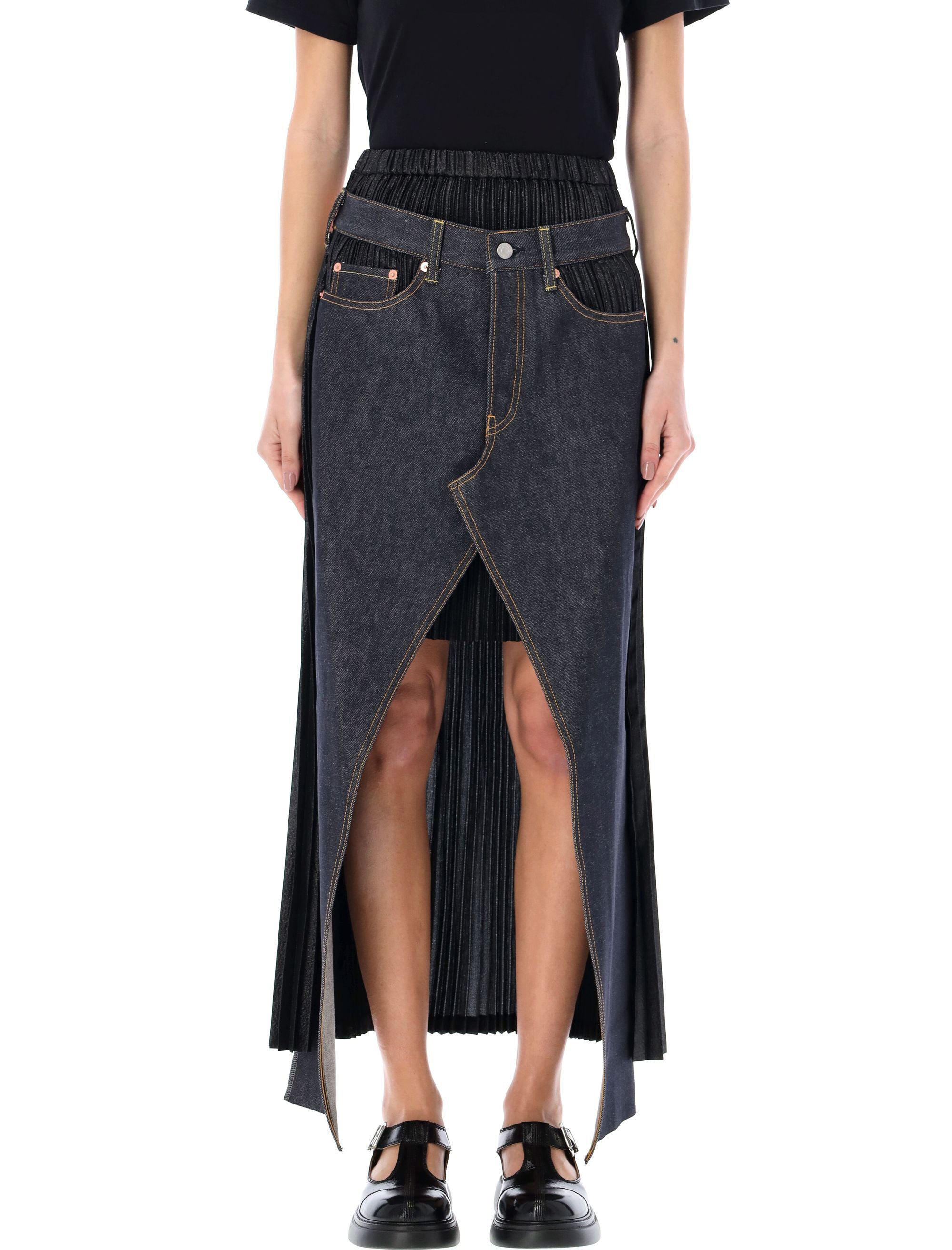 Junya Watanabe Deconstructed Pleated Denim Skirt In Black