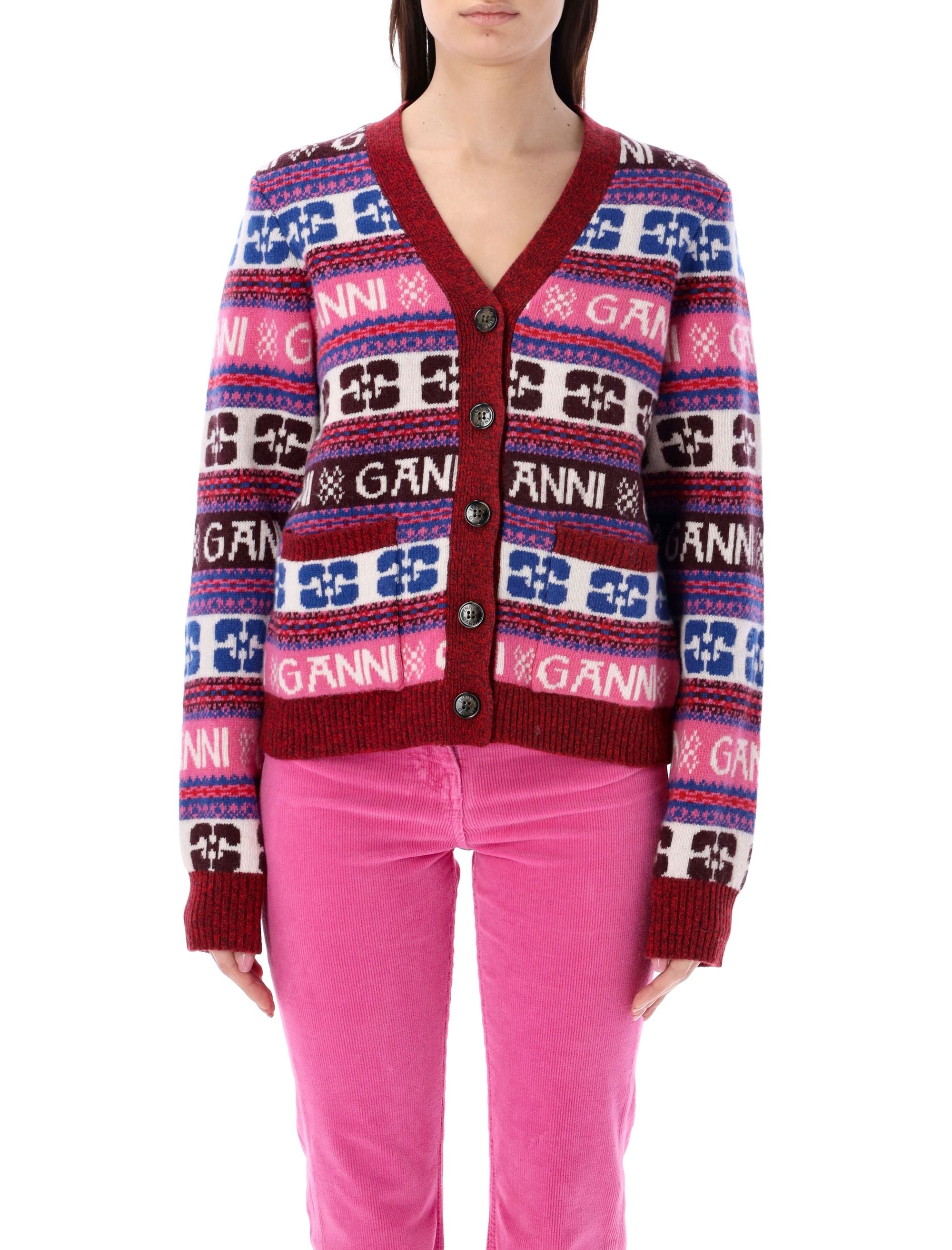Shop Ganni Multicolor Allover Logo Cardigan For Women