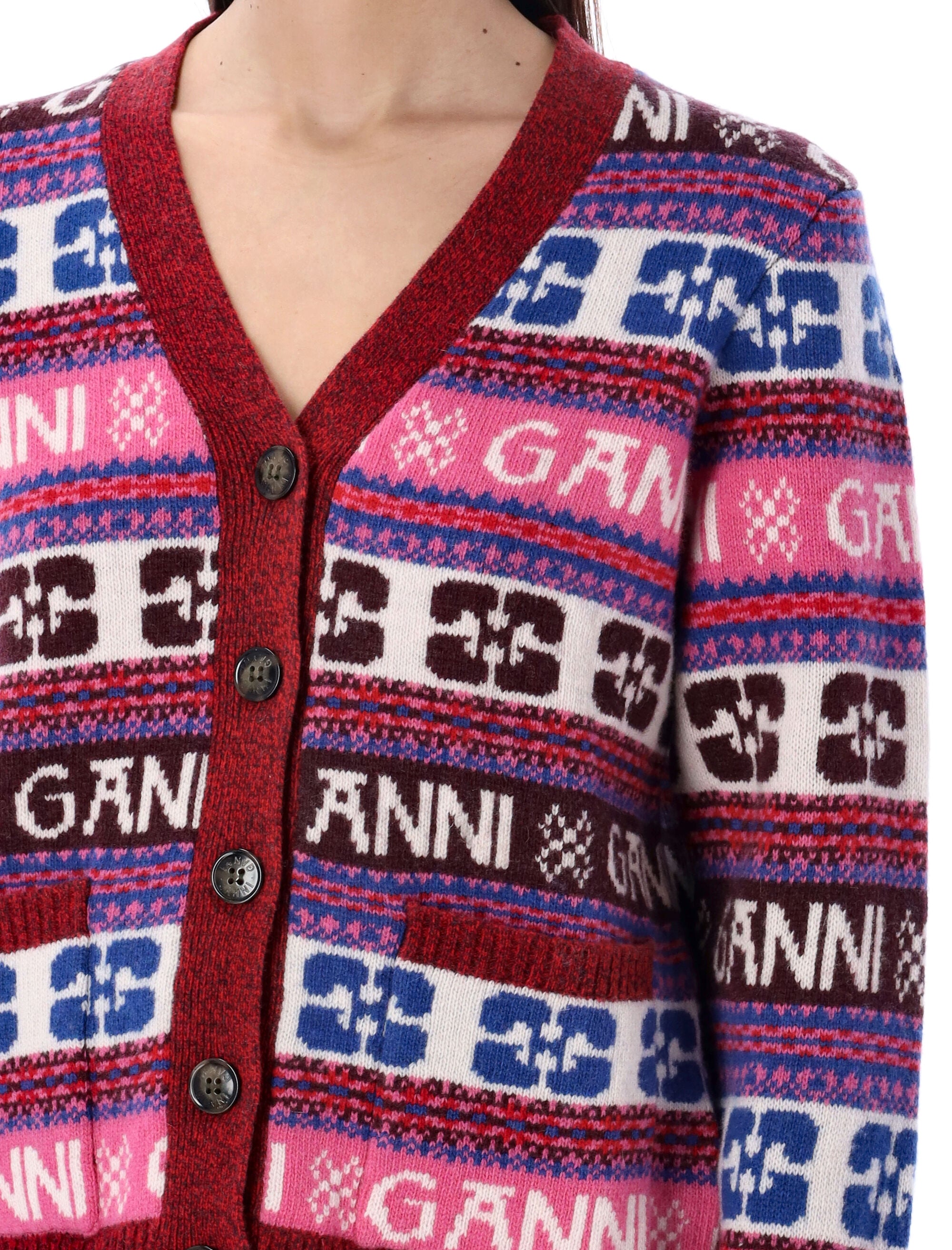 Shop Ganni Multicolor Allover Logo Cardigan For Women