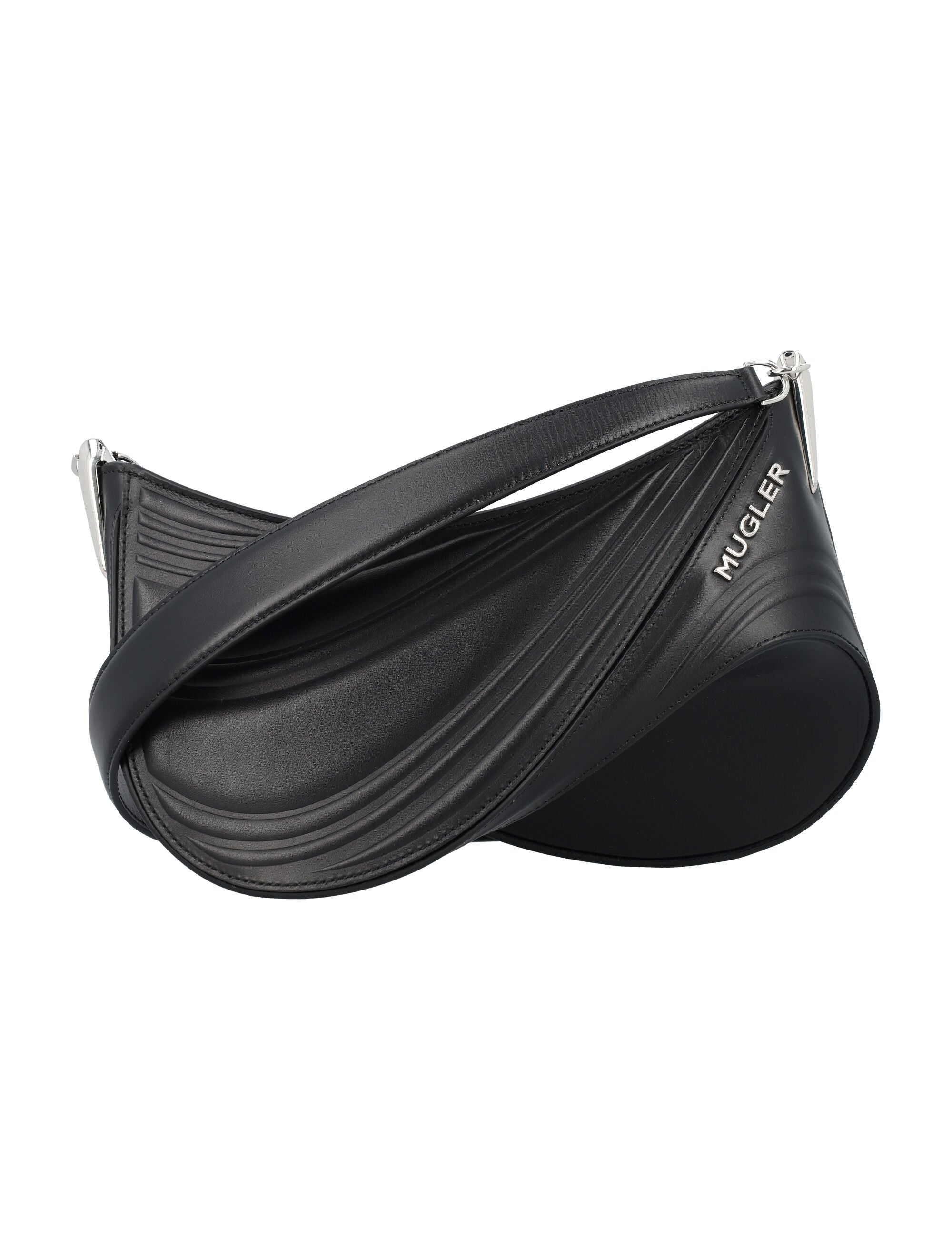 Shop Mugler Embossed Spiral Curve Medium Leather Shoulder Bag For Women In Black