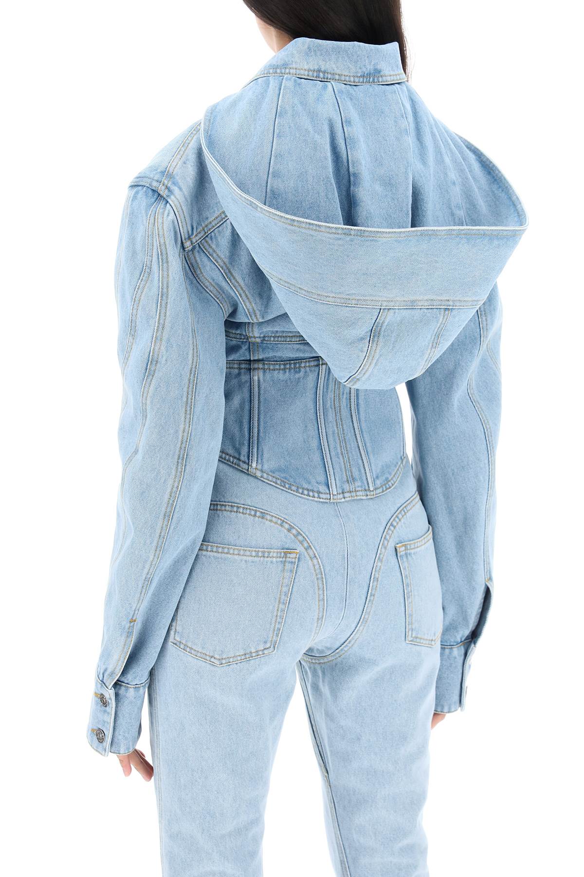 Shop Mugler Blue Corset Denim Jacket With Removable Hood For Women