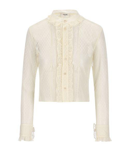 Shop Celine Cotton And Lace Cropped Shirt For Women In Cream In Ivory