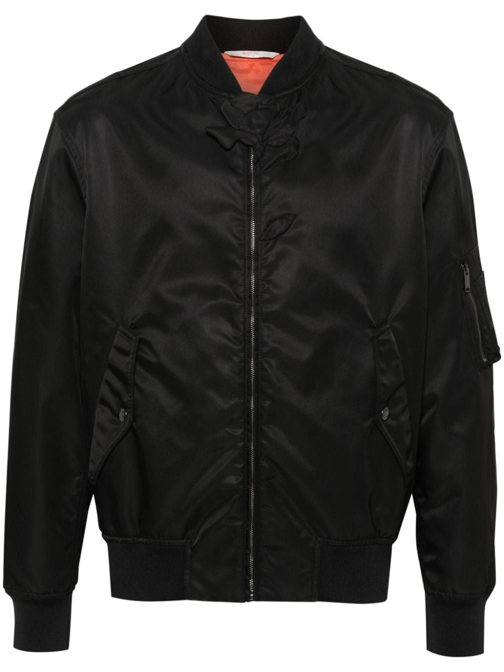 Valentino Men's Black Padded Bomber Jacket With Floral Embroidery And Stud Fastenings